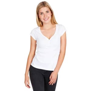A white women's t-shirt with a v-neck design, featuring short sleeves and a fitted style.