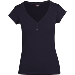 A women's navy Hanley T-shirt featuring a V-neck and short sleeves, with buttons on the front.