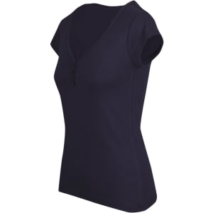 A women's navy Hanley T-shirt featuring a v-neckline and short sleeves, with a button detail.