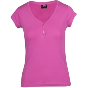 A pink women's Hanley T-shirt with a v-neck and short sleeves, featuring buttons at the neckline.