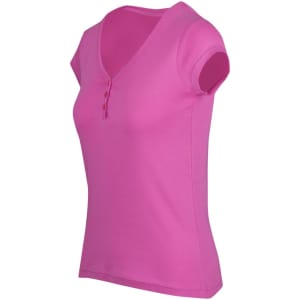A pink women's Hanley T-shirt with short sleeves and a V-neck design, featuring a button detail at the front.