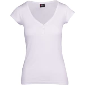 A white Women's Hanley T-shirt featuring a V-neck and cap sleeves, with a button detail and a logo.
