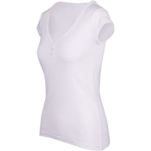 A white women's Hanley T-shirt with a V-neck and short sleeves, featuring button details and a fitted design.