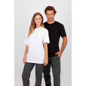 A black and a white unisex t-shirt, displayed on models, featuring a relaxed fit and casual style.