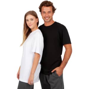 A white unisex T-shirt and a black unisex T-shirt displayed on models, featuring a simple design and relaxed fit.