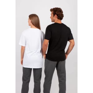 A unisex t-shirt in black and white, featuring a logo, displayed by two models from the back.