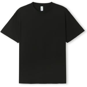 A black unisex t-shirt with a classic crew neckline and short sleeves, featuring a logo on the label.