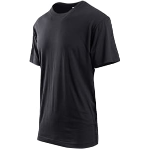 A black unisex t-shirt displayed from a slight angle. It features a simple design and has short sleeves.
