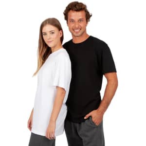 A black and a white unisex T-shirt worn by a man and a woman, featuring a logo on the shirt.
