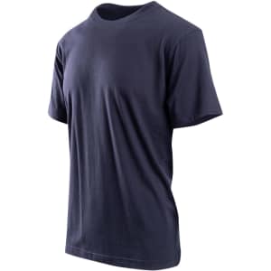 A navy blue unisex t-shirt with a classic crew neck design and a plain front. It has a subtle branding tag.