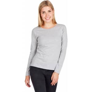 A light grey women's long sleeve T-shirt featuring a fitted design and round neckline, with a logo on it.
