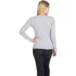 A grey women's long sleeve T-shirt viewed from the back, featuring fitted sleeves and a simple design.