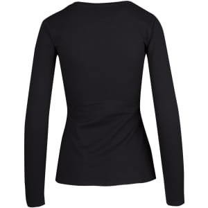 A black women's long sleeve T-shirt featuring a fitted design and a round neckline, with a logo on the back.