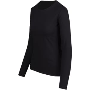 A black women's long sleeve T-shirt with a round neckline and fitted design, featuring a logo on the back.