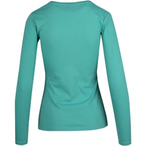 A women's long sleeve T-shirt in a solid teal colour, featuring a fitted design and a back view.
