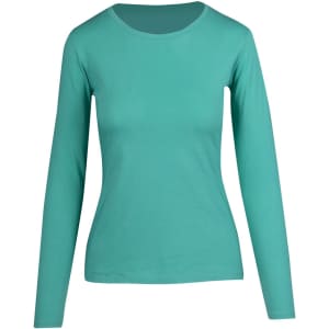A women's long sleeve T-shirt in a vibrant teal colour, featuring a fitted design and a round neckline.