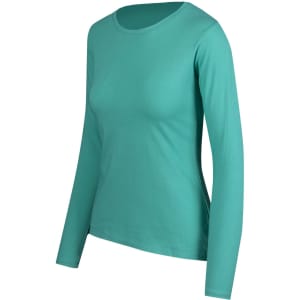 A teal women's long sleeve T-shirt featuring a round neckline and a fitted silhouette. It has a simple design.