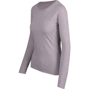 A grey women's long sleeve T-shirt with a round neckline and fitted design. It features a logo on the garment.