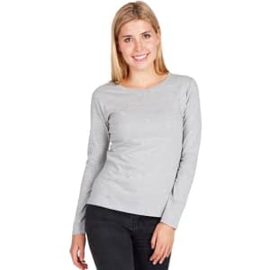 A women's long sleeve T-shirt in grey, featuring a fitted style and round neckline, displayed by a model.