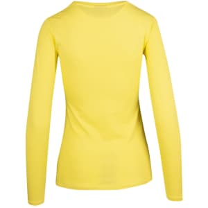 A women's long sleeve T-shirt in bright yellow with a fitted design and an attached brand logo.