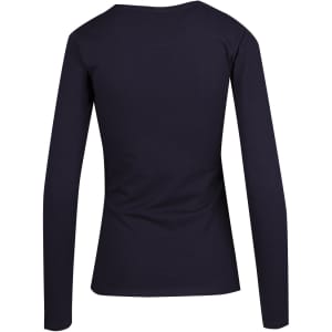 A women's long sleeve T-shirt in navy blue, featuring a fitted design and a round neckline. It has a logo on the back.