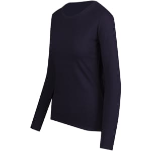 A women's long sleeve T-shirt in navy blue, featuring a classic crew neckline and fitted sleeves.