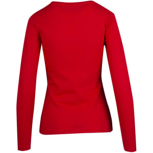 A red women's long sleeve T-shirt featuring a fitted design and a round neckline, with a logo on the back.