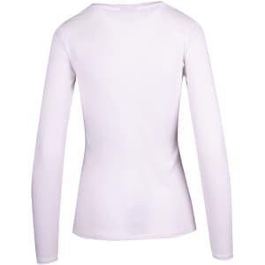 A white women's long sleeve t-shirt with a fitted design and a round neckline, featuring a logo on the back.