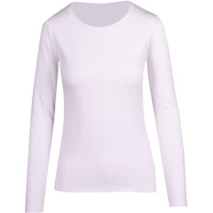 A white women's long sleeve T-shirt with a round neckline and a fitted design. It features a logo.