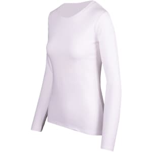 A white women's long sleeve T-shirt with a simple design and a fitted silhouette.