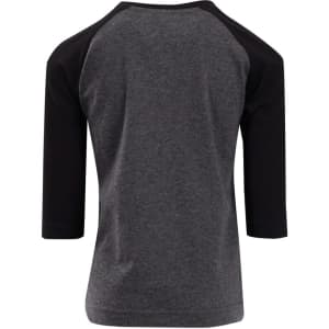 A grey 3/4 raglan sleeve T-shirt with black sleeves and a simple back design. It features a branding logo.