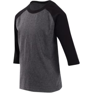 A grey and black kids' 3/4 raglan sleeve T-shirt with a simple design and a logo on the front.