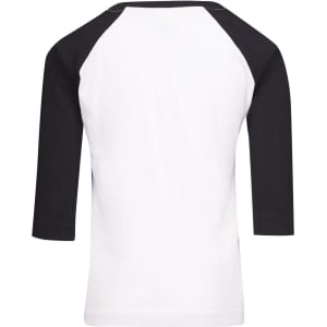 A 3/4 raglan sleeve T-shirt featuring a white body and black sleeves, with a logo visible.