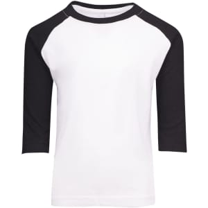 A kids' 3/4 raglan sleeve T-shirt featuring a white body and black sleeves, with a logo on the front.