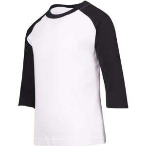 A kids' 3/4 raglan sleeve T-shirt featuring black sleeves and a white body. It has a simple design and a logo.