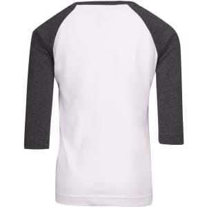 A 3/4 raglan sleeve T-shirt in white with dark grey sleeves, featuring a logo on the back.
