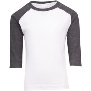 A Kids 3/4 raglan sleeve T-shirt in white with grey sleeves, featuring a logo.