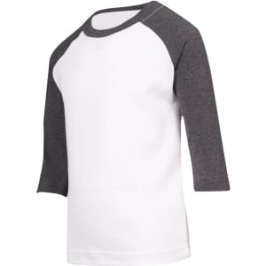 A white kids' T-shirt featuring grey 3/4 raglan sleeves, with a rounded neckline and no visible logos or branding.