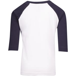 A kids' 3/4 raglan sleeve T-shirt featuring a white body and navy sleeves. The shirt has a logo on the back.
