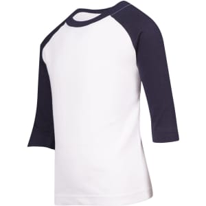 A white kids' 3/4 raglan sleeve T-shirt with navy blue sleeves and a logo.