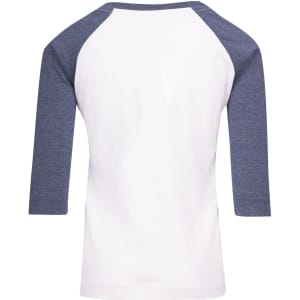 A 3/4 raglan sleeve T-shirt featuring a white body and navy blue sleeves, with a branding logo on the back.