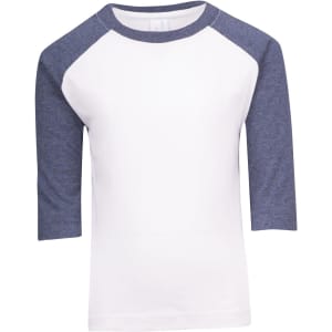 A white t-shirt with navy blue raglan sleeves and a logo on the front.