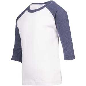 A white t-shirt with blue raglan sleeves, featuring a simple design and a logo on the sleeve.
