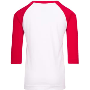 A kids' 3/4 raglan sleeve T-shirt featuring red sleeves and a white body. The shirt has a branding logo.