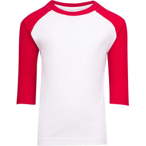 A Kids 3/4 raglan sleeve T-shirt with a white body and red sleeves. It features a logo on the front.