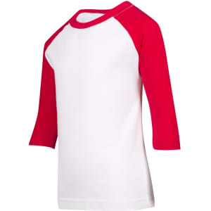 A kids' 3/4 raglan sleeve T-shirt featuring white fabric with red sleeves. Includes a branding logo.