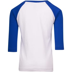 A kids' 3/4 raglan sleeve T-shirt featuring a white body and blue sleeves. It has a logo on the back.