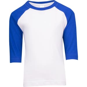 A white and blue kids' 3/4 raglan sleeve T-shirt with a logo on the front.