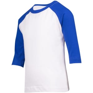 A kids' 3/4 raglan sleeve t-shirt with white body and blue sleeves, featuring a logo on the back.
