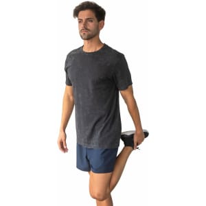 A stone wash, short-sleeved T-shirt in dark grey with a logo. Suitable for men's or unisex wear.